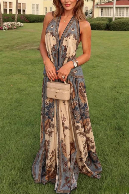 Chapel Linen Blend Floral Print Cutout Tie-up Waist Pocket Halter Backless Maxi Dress