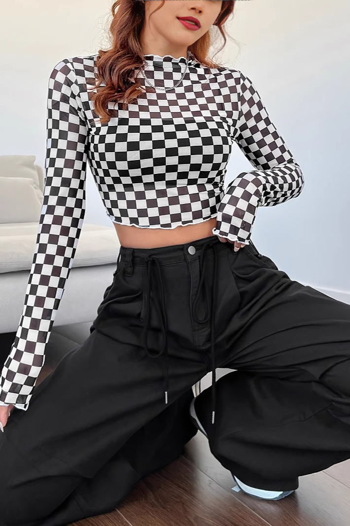 Checkerboard Mesh Mock Neck Slim Long Sleeve Crop Top