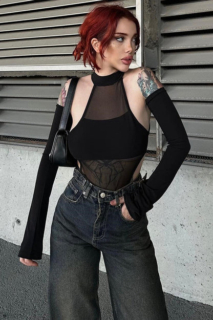 Mesh Cutout Stretch Long Sleeve Bodysuit