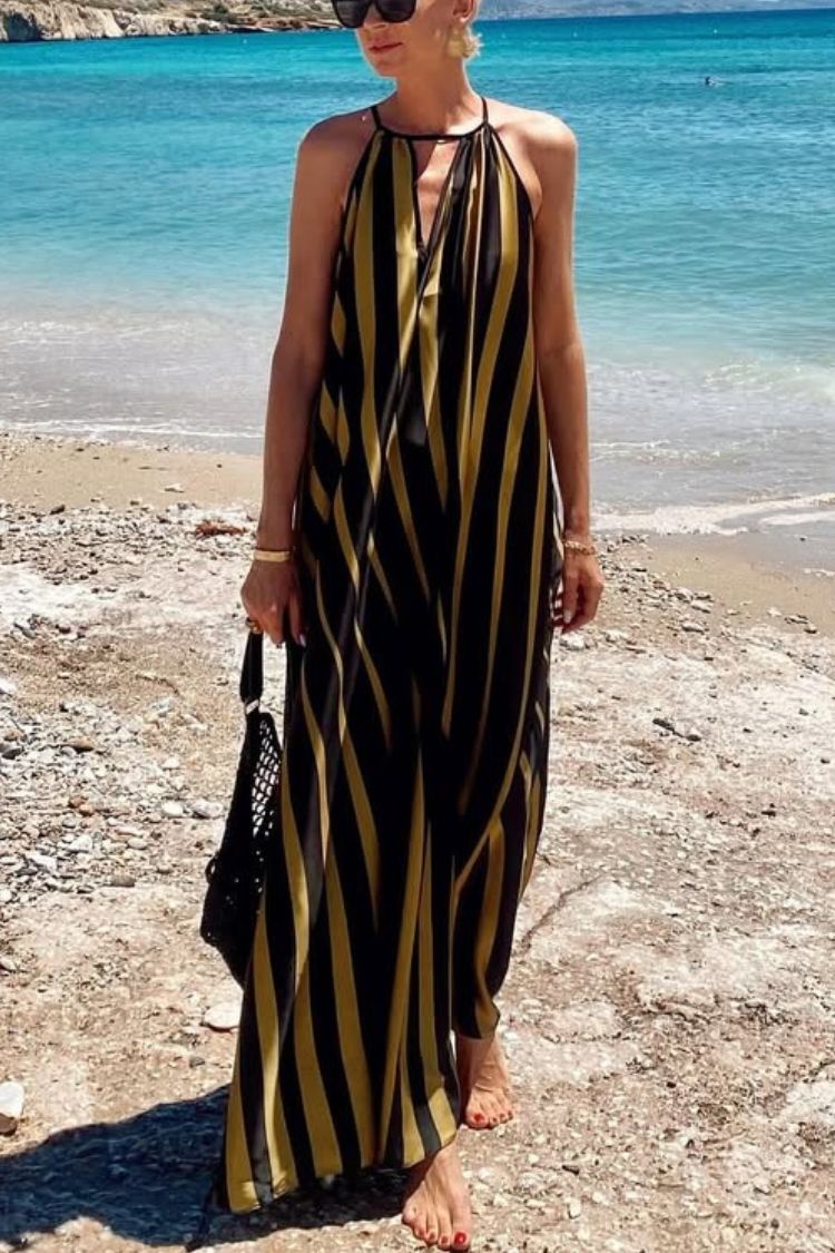 Striped Print V-Neck Loose Beach Vacation Maxi Dress