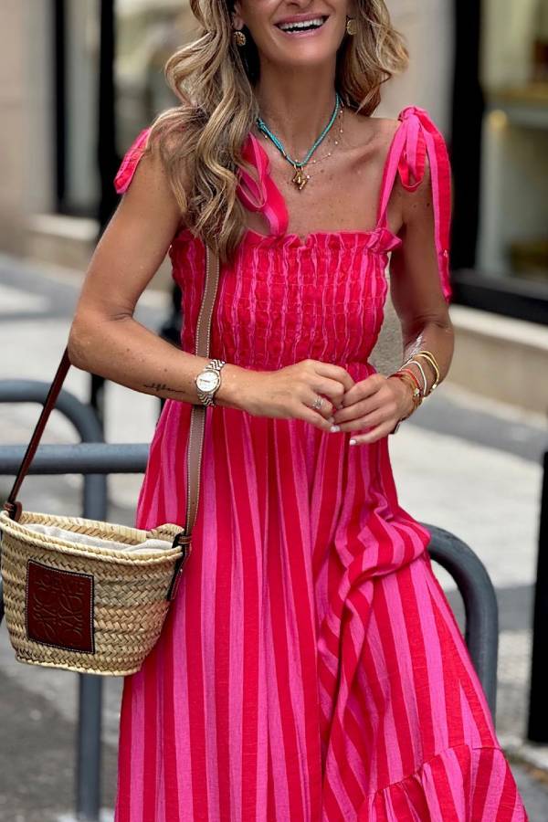 Dopamine Pink Stripe Tie Strap Smocked Maxi Vacation Dress