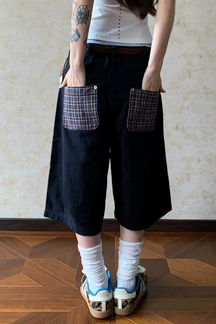 Plaid Pocket Denim Bermuda Jeans