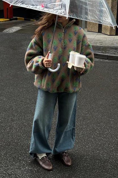 Floral Sherpa High Neck Half Zip Sweatshirt