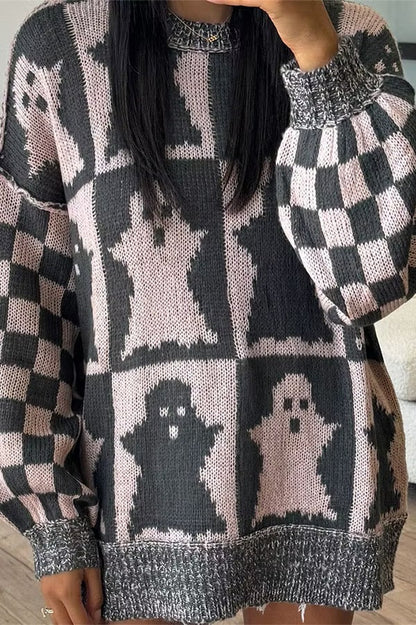 Halloween Ghost & Checkerboard Oversized Knit Sweater