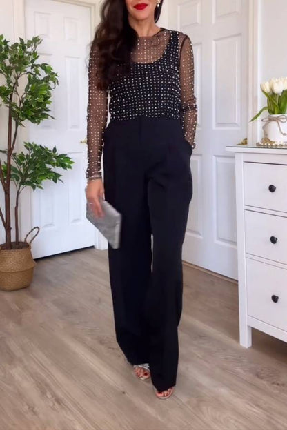 Sheer Long-Sleeved Blouse with Pearl Embellishments