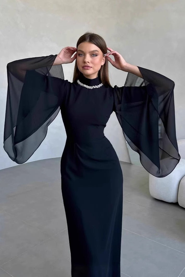 Mesh Panel Pearl Prom Dress