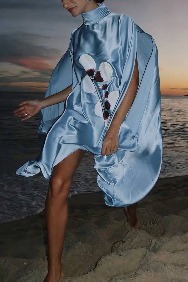 Luisa Satin Floral Print Pleated High-neck Batwing Cutout Sleeve Loose Cape Mini Dress