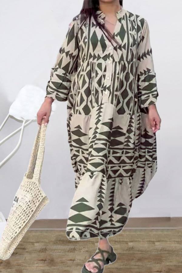 Geometric Tribal Print V Neck Gathered Tiered Maxi Vacation Dress