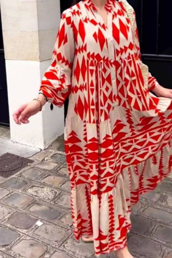Geometric Tribal Print V Neck Gathered Tiered Maxi Vacation Dress