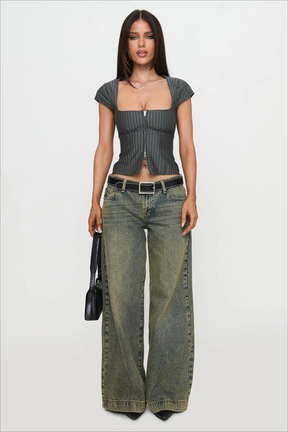 Vintage Square Neck Two Way Zip Stripe Crop Top