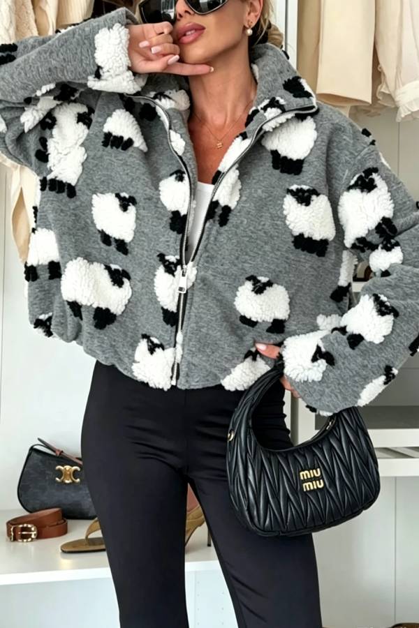 Playful Lamb Pattern Teddy Bear Fleece Material Contrast Color Long Sleeve Pocket Zipper Coat
