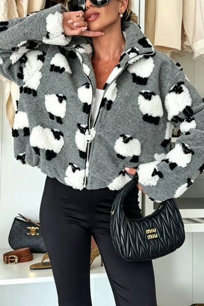 Playful Lamb Pattern Teddy Bear Fleece Material Contrast Color Long Sleeve Pocket Zipper Coat