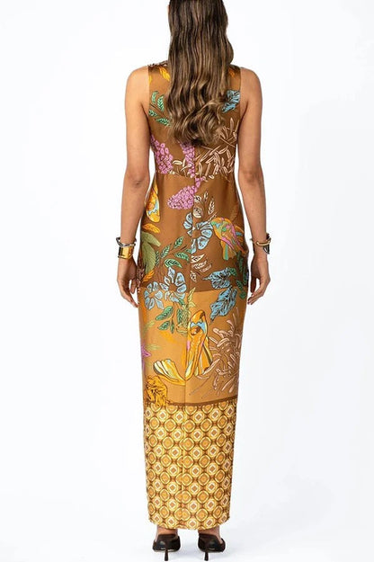 Naturally Inspired Satin Unique Floral Print Twist Waist Slit Drape Maxi Dress