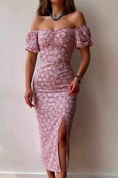 Chiffon Wrap Slit Floral Dress