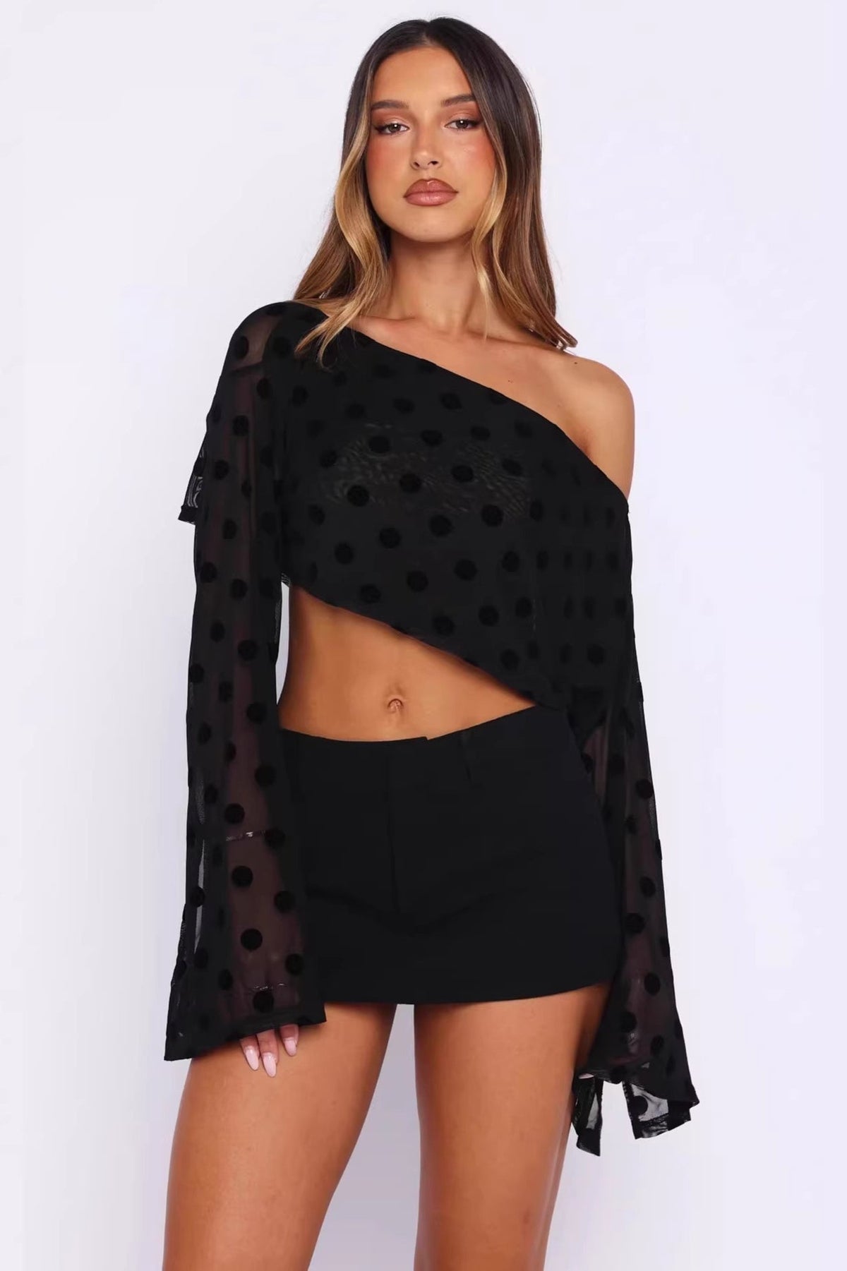 Flocked Polka Dot One Shoulder Bell Sleeve Tee