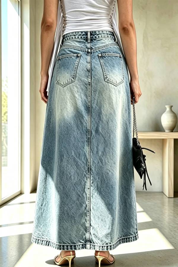 A Stylishly Layered Look Washed Denim High Rise Slit Maxi Skirt