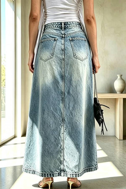 A Stylishly Layered Look Washed Denim High Rise Slit Maxi Skirt