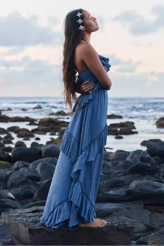 Solid Color V Neck Backless Strappy Boho Dress