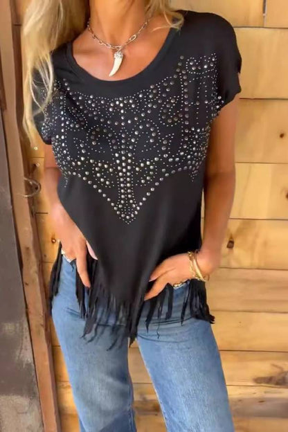 Rhinestone Fringe Crew Neck Short Sleeve T-Shirt