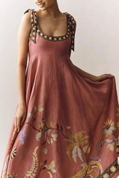 Linen Blend Unique Printed Tie-up Suspenders Pocket Elegant Vacation Maxi Dress
