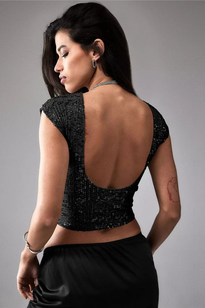 Sexy Backless Sequin Crop Top