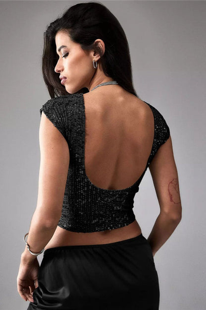 Sexy Backless Sequin Crop Top