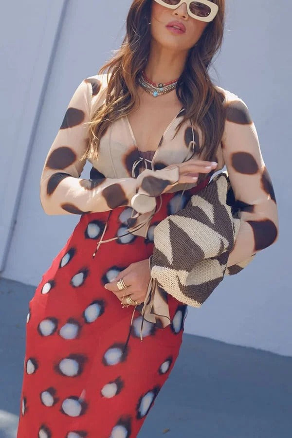 Sabine Animal and Butterfly Print Colorblock Long Sleeve Bias Cut Maxi Dress