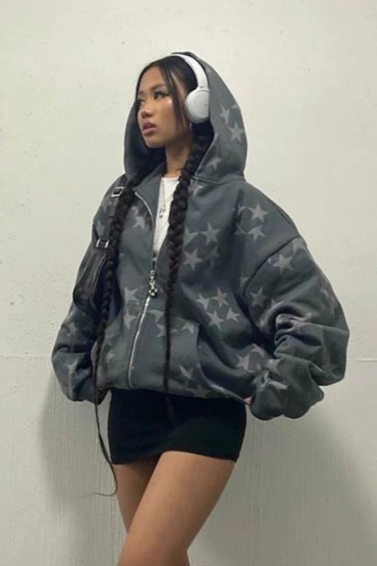 Star Print Zip Up Hoodie