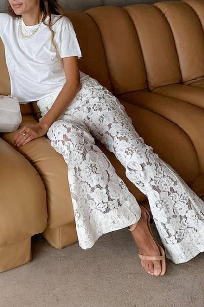 High Waist 3D Floral Lace Flare Pants Sheer Hollow Vacation Wide Leg Trousers