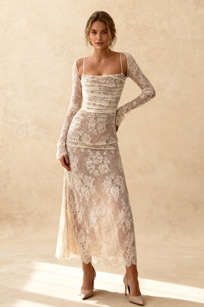 Floral Lace Square Neck Spaghetti Strap Ruched Long Sleeve Bolero Maxi Dress