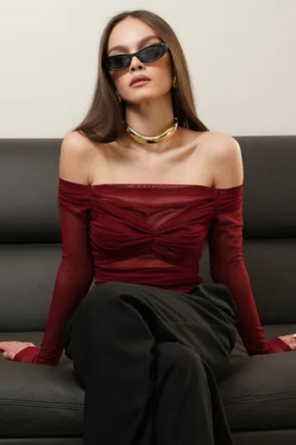Off Shoulder Sheer Mesh Bodycon Long Sleeve Tee