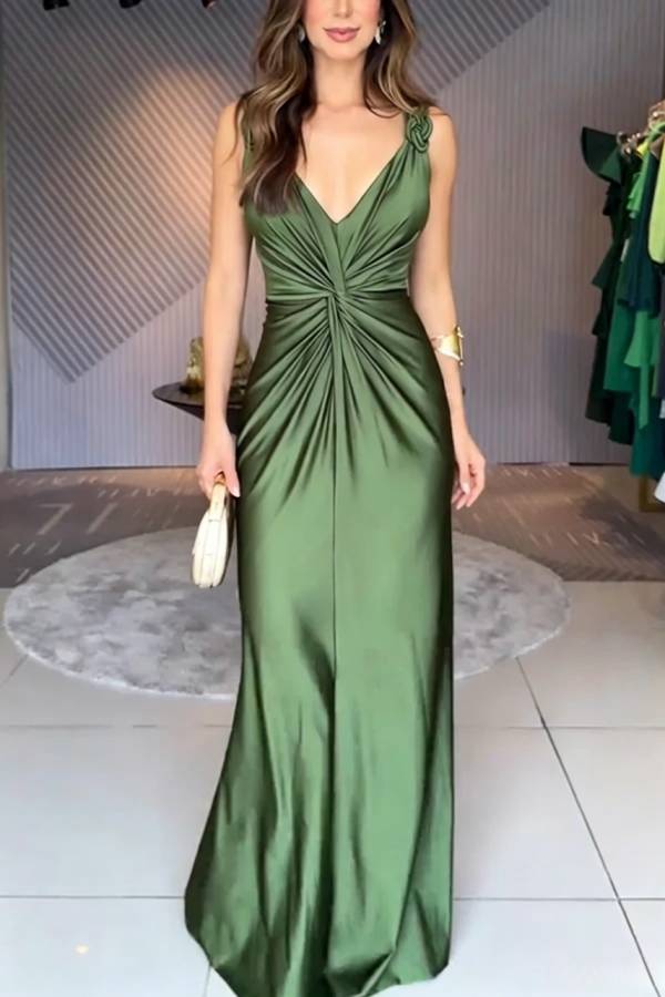 Glow Together Satin Knot Design Shoulder Strap Sleeveless Drape Slit Maxi Dress
