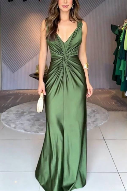 Glow Together Satin Knot Design Shoulder Strap Sleeveless Drape Slit Maxi Dress