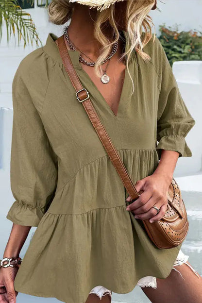 V-neck Casual Loose Solid Color Long-sleeved Blouse