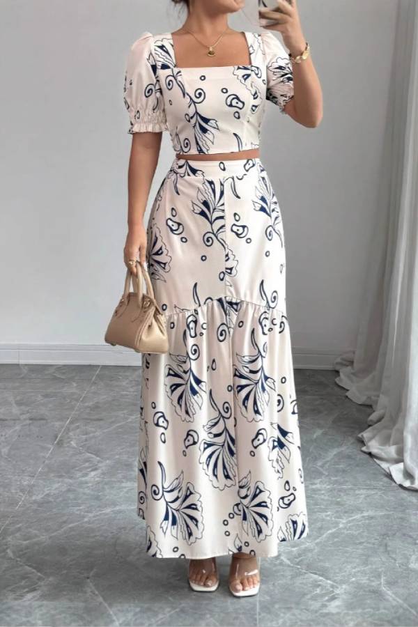 Square Neck Puff Sleeve Printed Crop Top & Ruffle Hem Slit Maxi Skirt Two-Piece Set