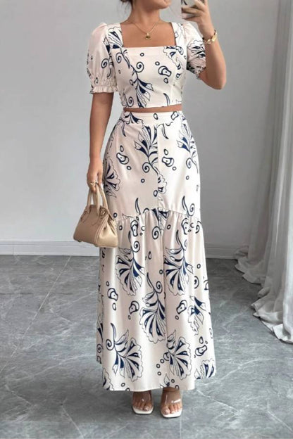 Square Neck Puff Sleeve Printed Crop Top & Ruffle Hem Slit Maxi Skirt Two-Piece Set