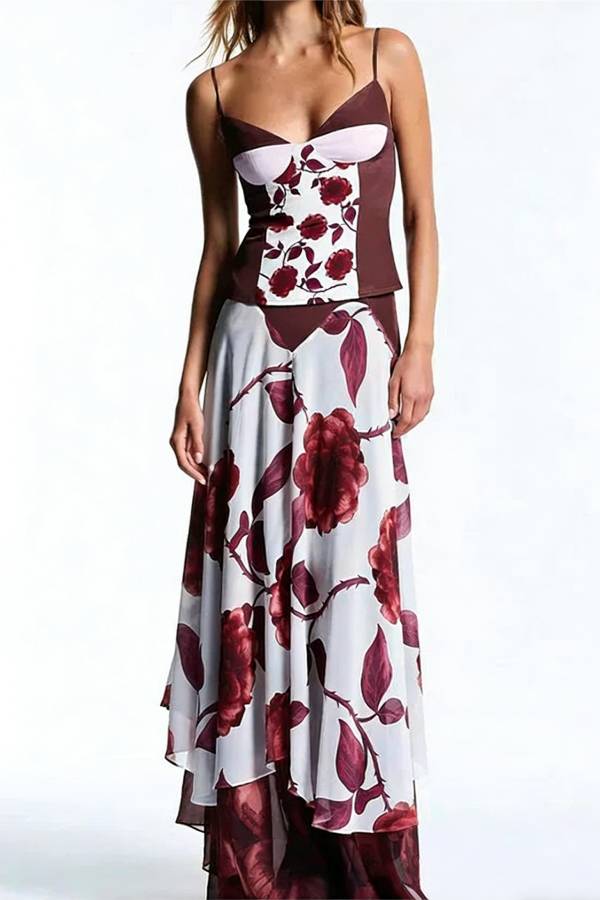 Euro Vacay Chiffon Damask Rose Print Slip Top and High Rise Double-layered Hem Maxi Skirt Set