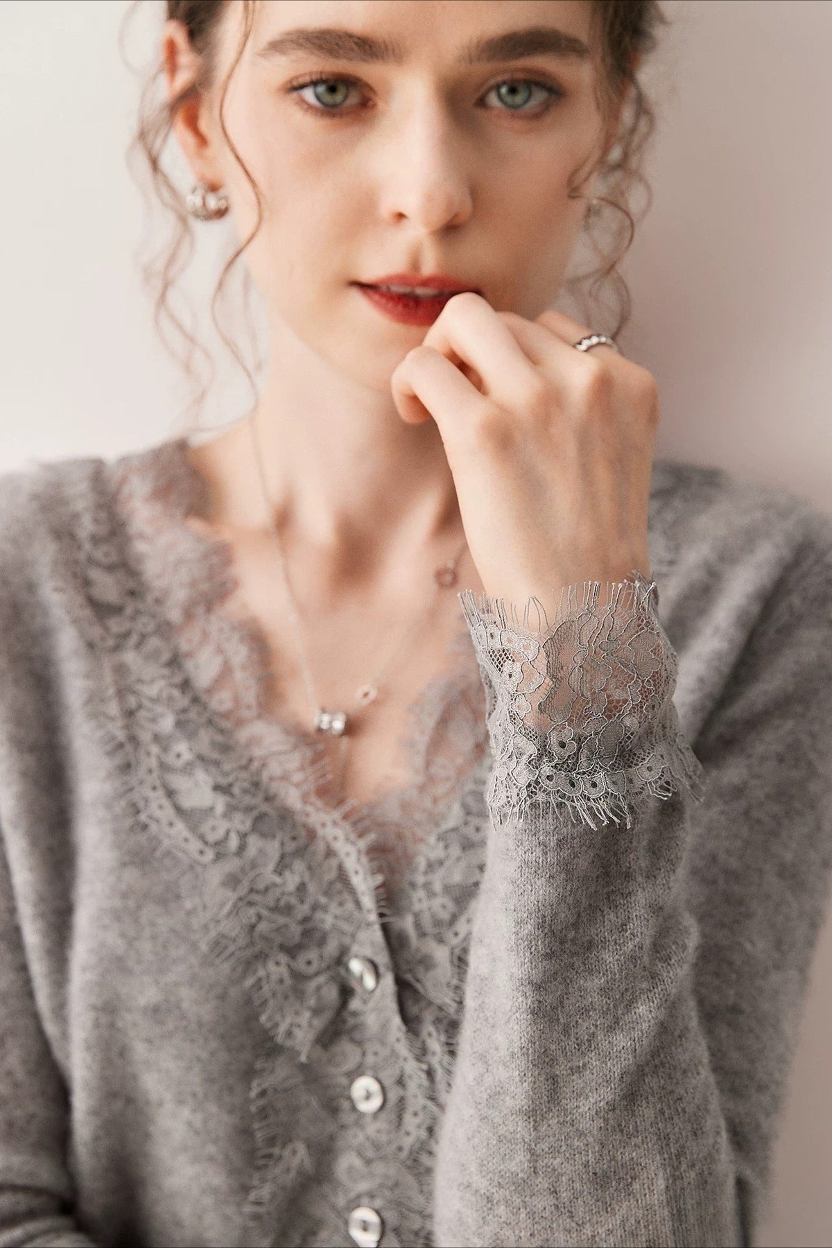 Lace Trim V Neck Cashmere Cardigan