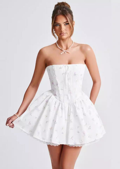 Floral Print Strapless Corset Lace Up Puff Skirt Mini Dress