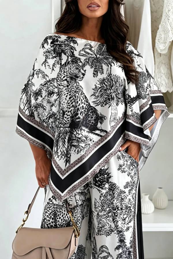 Jungle Themed Satin Unique Print Cape Top and Elastic Waist Pocket Wide Leg Pants Set