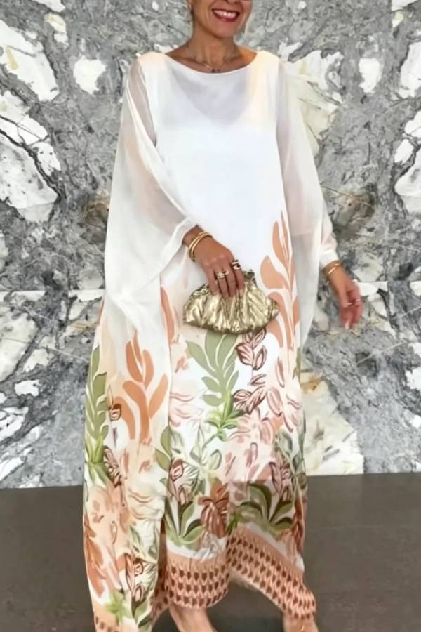 Batwing Sleeve Tropical Leaf Print Kaftan Maxi Dress Loose Cover Up Vacation Gown