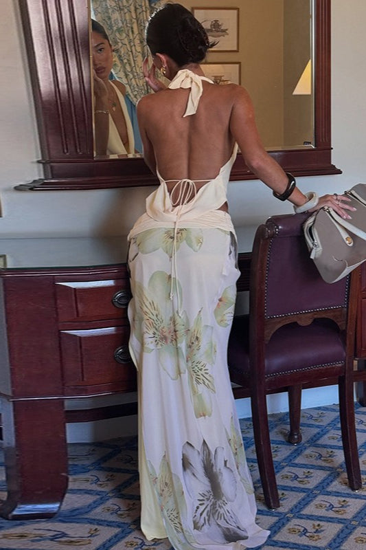 Elegant Halter Wrap Back Mesh Floral Slit Maxi Skirt Set