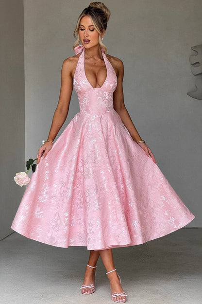 Jacquard Halter V-Neck Party Dress