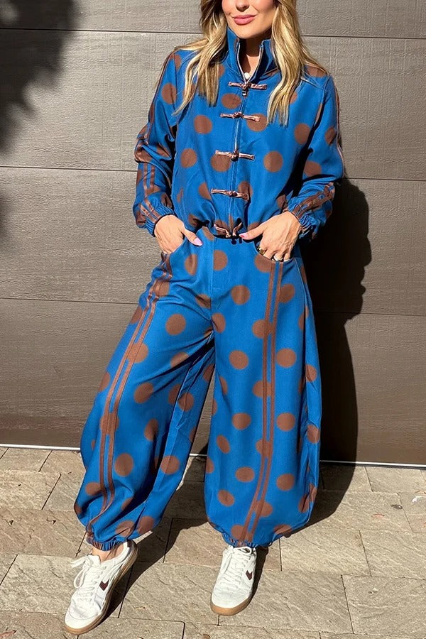 Napoleon Colorblock Polka Dot Elastic Waist Pocket Loose Lantern Pants