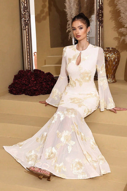 Elegant Embroidered Mesh Trumpet Sleeve Prom Dress