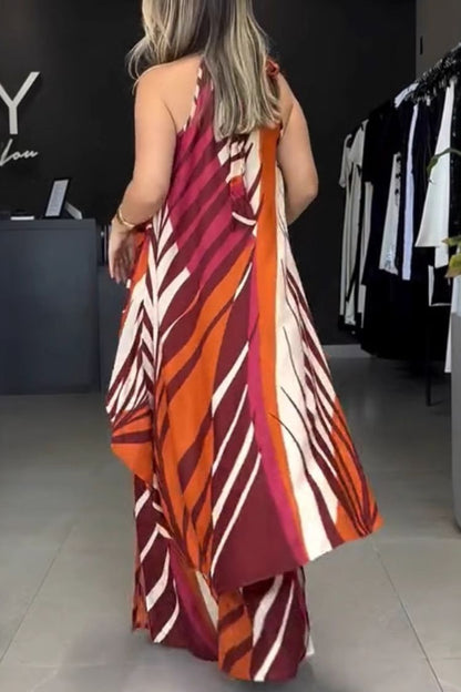 Edina Unique Print High Low Halter Loose Top and Elastic Waist Pocketed Wide Leg Pants Set