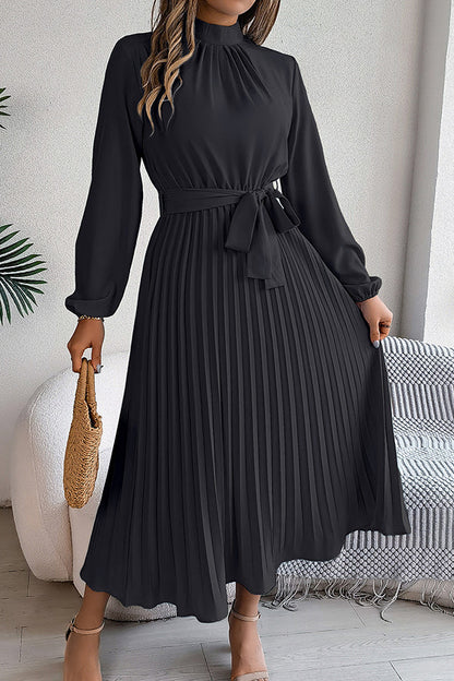 Mock Neck Lantern Sleeve Belted Pleated A-Line Midi Dress