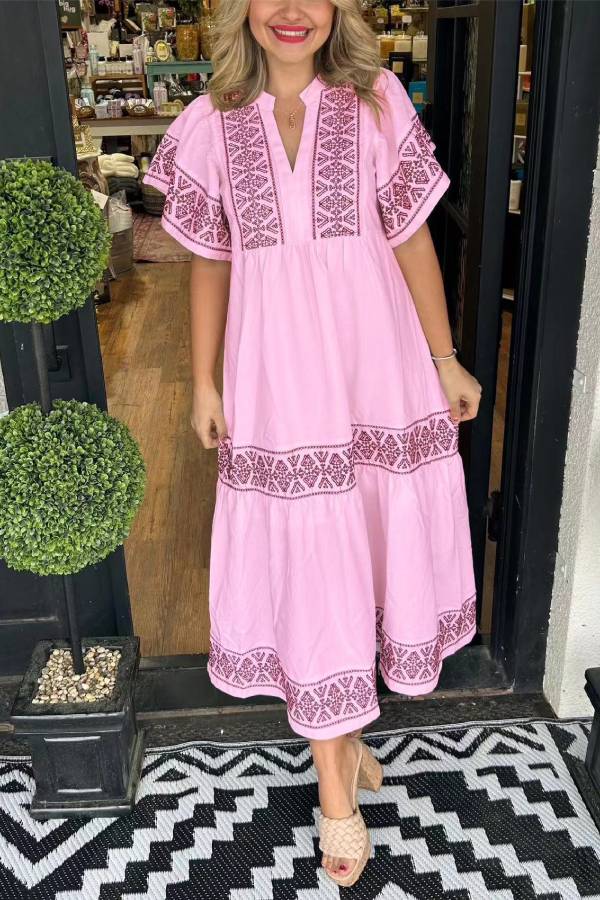 Multi-Color Ethnic Embroidered V-Neck Short Sleeve Tiered Midi Dress