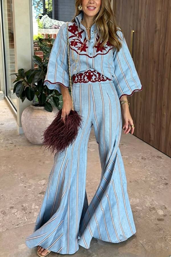 Delirio Linen Blend Floral Embroidery and Stripes Print Bell Sleeve Tie-up Blouse
