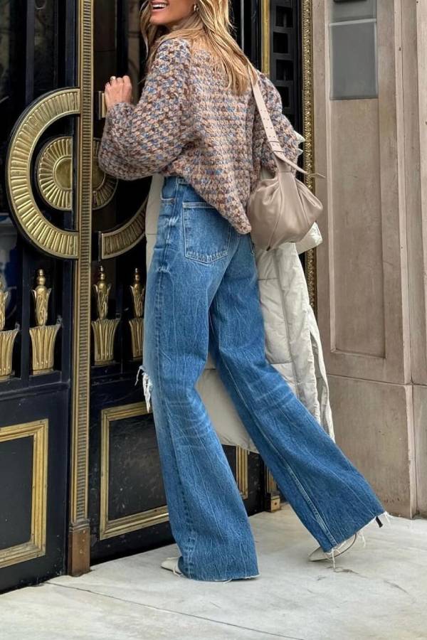 Brown and blue heathered chunky knitted turtleneck and flared sleeve sweater